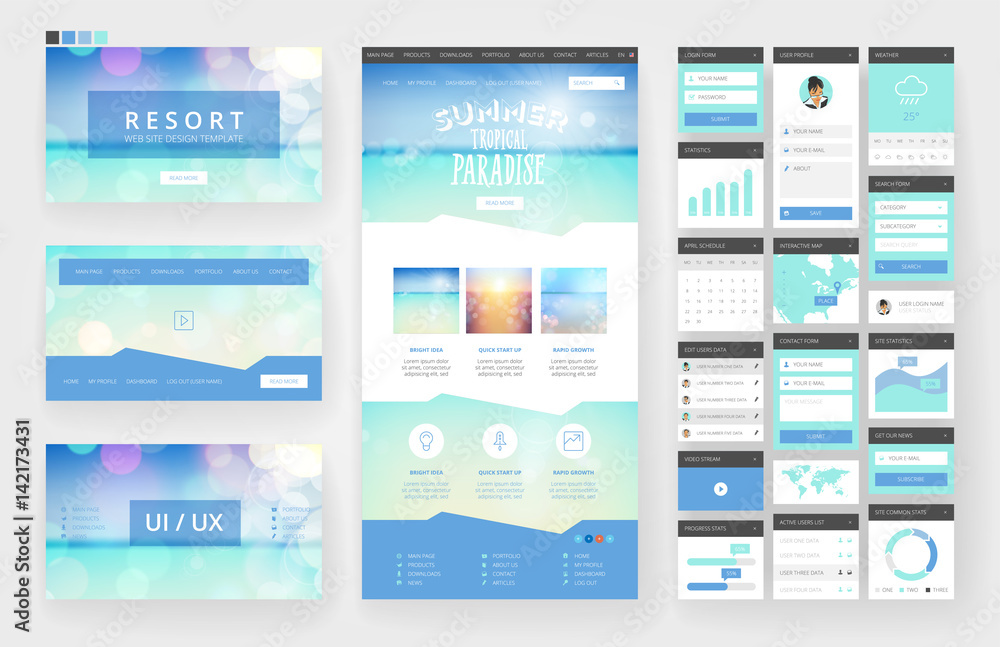 Wall mural website design template and interface elements
