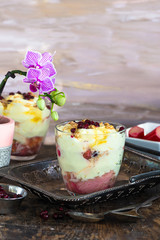 White chocolate mousse with poached rhubarb