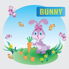 Obraz premium Funny pink Bunny. Zoo. A child's drawing. The cartoon characters. Design for sample, emblems, children's books, the background image.