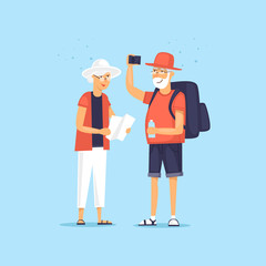Traveling old people. Selfie. Character design. World Travel. Planning summer vacations. Flat design vector illustration.