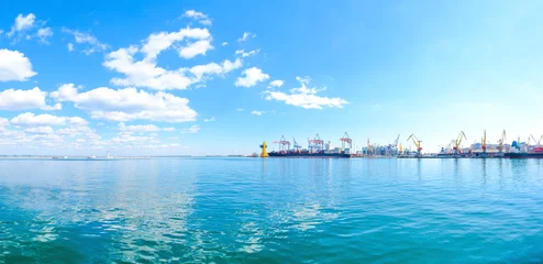 Fotobehang Poort Panorama van de zeehaven. Kranen en schepen. Bulkcarrierschip in de haven bij het laden.