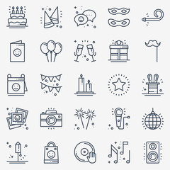 Party celebration thin line icons set. Birthday, holidays, event, carnival festive. Basic party elements icons collection. Vector simple linear design. Illustration. Symbols. Mask gifts cake firework - 142175081