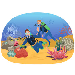 Vector illustration of the people swimming in coral reef with fishes during the scuba diving.