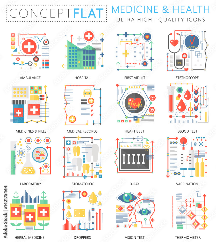 Poster infographics mini concept medicine and health icons for web. premium quality color conceptual flat d