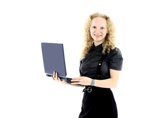 attractive woman with laptop smiling isolated background on white