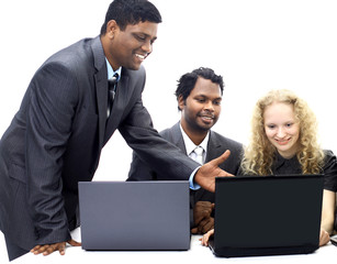 Interracial business team working at laptop isolated background on white