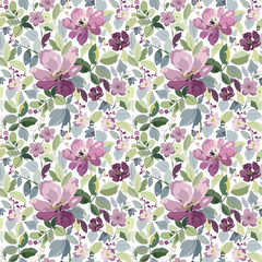 Seamless pattern with purple flowers, branches of leaves and buds..