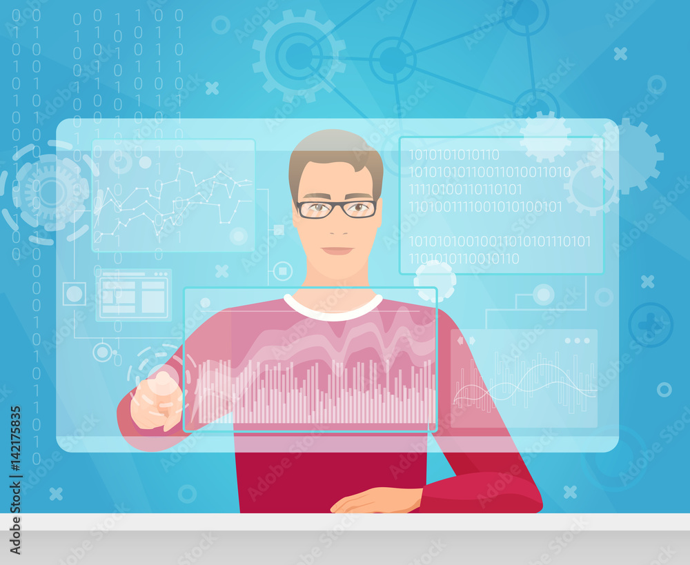 Poster A coder looking at the diagrams and touching the computer screen vector illustration. VR modern interface.