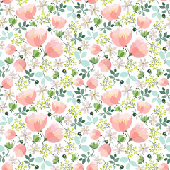  Seamless spring pattern with abstract flowers and leaves on a white background,  pink flowers, small branches with leaves.