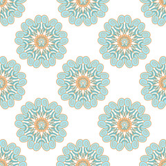 Fototapeta na wymiar Abstract pattern with blue and orange helix and flowers