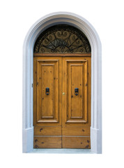 Wooden door in an old Italian house, isolated on white background, clipping path.