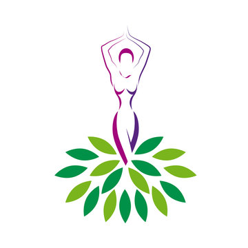 Vector sign woman and leaves. spa, yoga and relax concept