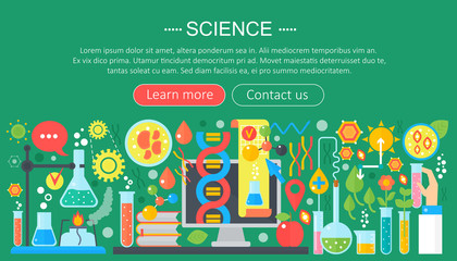Fototapeta na wymiar Flat design concept of science. Horizontal banner with scientist laboratory workplace. Scientific research experiment infographics template design, web header icons elements.Vector illustration.