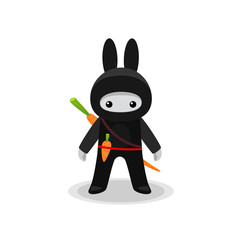 Standing cute bunny ninja isolated with carrot on white background © Elokua