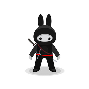 Standing cute bunny ninja isolated with sai and katana on white background