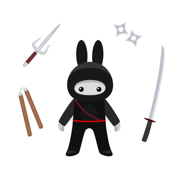 Standing cute bunny ninja isolated with weapons on white background