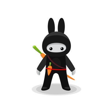Standing cute bunny ninja isolated with carrot on white background