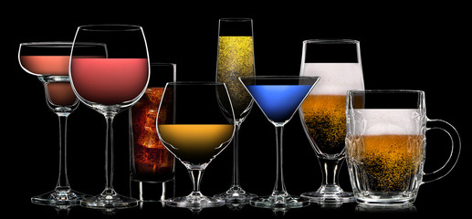 Set of multicolor different drinks in various glasses on black background © Vasyl Onyskiv