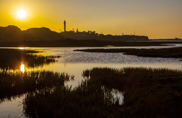 El Rompido lighthouse and marina at sunrise from marshlands