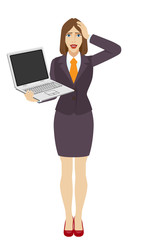 Businesswoman holding a laptop notebook and grabbed his head