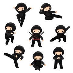 Set of cute ninjas in various poses isolated on white background - obrazy, fototapety, plakaty