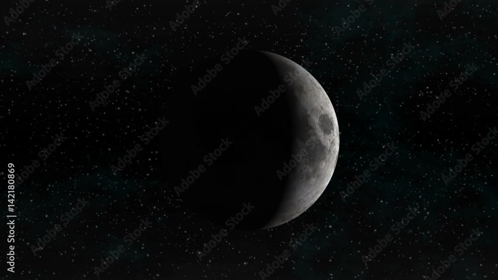 Wall mural realistic animation of the moon showing its various phases, as light hits the surface. stars in the 