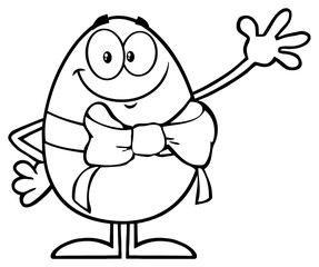 Black And White Smiling Egg Cartoon Mascot Character With A Ribbon And Bow Waving For Greeting. Illustration Isolated On White Background