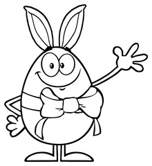 Black And White Smiling Egg Cartoon Mascot Character With A Rabbit Ears And Ribbon Waving For Greeting. Illustration Isolated On White Background
