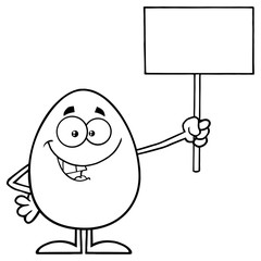 Black And White Talking Egg Cartoon Mascot Character Holding A Blank Sign. Illustration Isolated On White Background