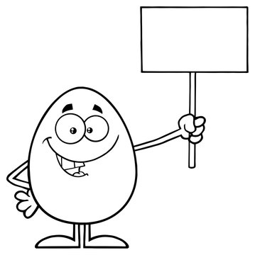Black And White Talking Egg Cartoon Mascot Character Holding A Blank Sign. Illustration Isolated On White Background