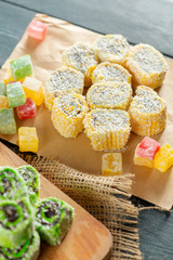 traditional eastern desserts on wooden background