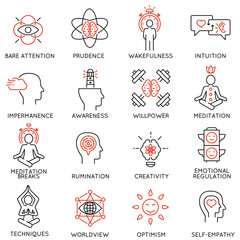 Vector set of 16 linear icons related to mindfulness, awareness, consciousness and mental conditions. Mono line pictograms and infographics design elements - part 2