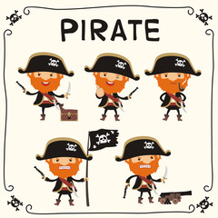 Set pirate in cartoon style. Collection isolated pirate with in black hat with jolly roger.