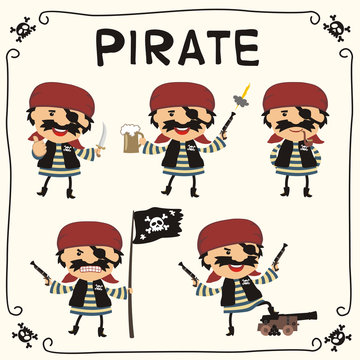 Set pirate in cartoon style. Collection isolated pirate with eye patch.