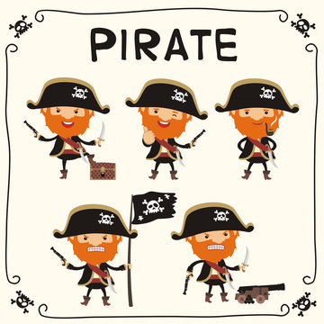 Set pirate in cartoon style. Collection isolated pirate with in black hat with jolly roger.