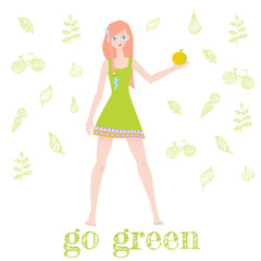 Beautiful redhead cartoon girl with an apple. Some ecological symbols on a background. Text - Go green. 