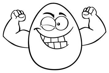 Black And White Strong Egg Cartoon Mascot Character Winking And Showing Muscle Arms. Illustration Isolated On White Background
