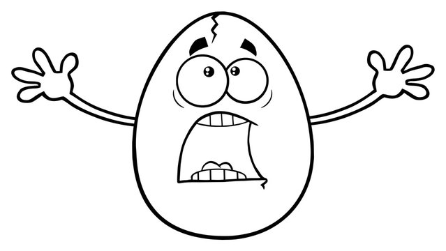 Black And White Scared Cracked Egg Cartoon Mascot Character With Open Arms. Illustration Isolated On White Background