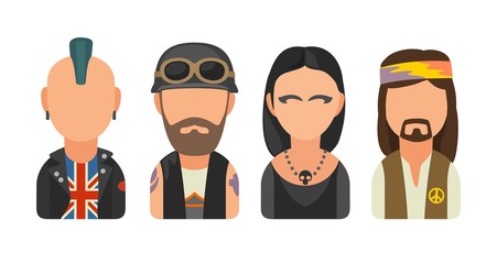 Set icon different subcultures people. Punk, biker, goth, hippy