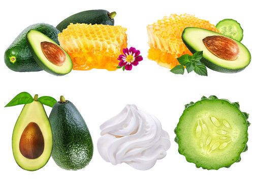  Cosmetic products.cucumber ,natural cosmetic cream and avocado isolated Healthy skincare.
