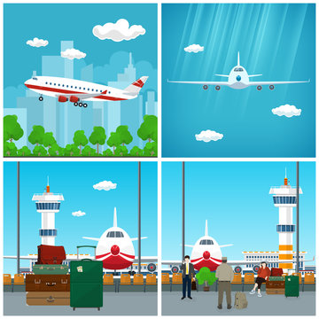 Airport , Waiting Room with People , View on Airplane through the Window and Luggage Bags for Traveling, Plane in the Sky, Airplane Flies to the West, Travel and Tourism Concept, Vector Illustration