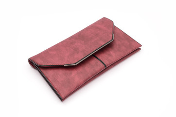 Burgundy leather clutch isolated on white