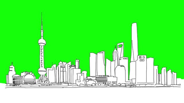 Shanghai Skyline finance district, Sketched Motion Sequence, 5 seconds buildup and 5 sec teardown