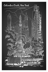 Columbus Circus and West 59th street in New York. Hand drawn chalk sketch on a blackboard. EPS10 vector illustration.