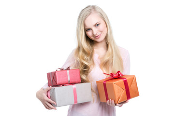 Blonde woman with gifts in hands isolated.