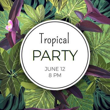 Summer green tropical party flyer design with palm tree leaves and purple flowers.