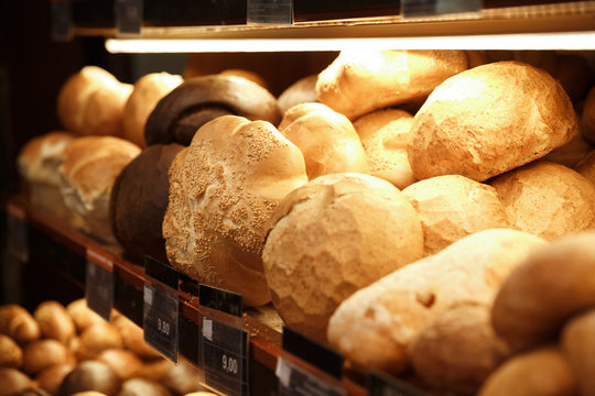Bread and pastries in supermarket bakery