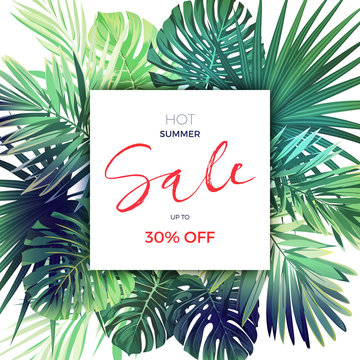 Green summer tropical background with exotic palm leaves and plants. Vector floral sale template.