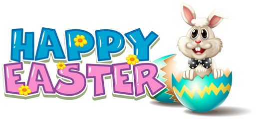 Fototapeta premium Happy Easter poster with bunny in blue egg