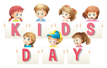 Children holding sign for word kids day